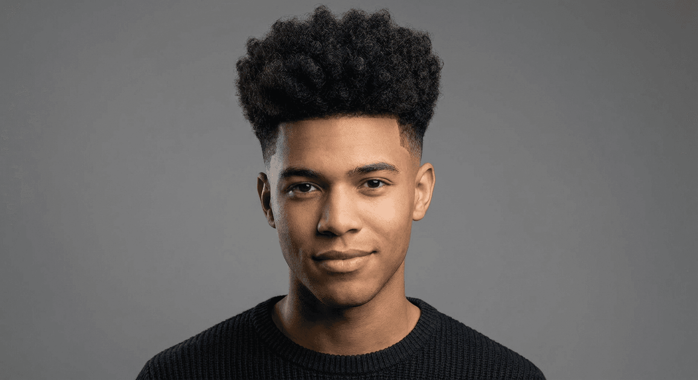 Broccoli haircut example showing voluminous curls on top with faded sides