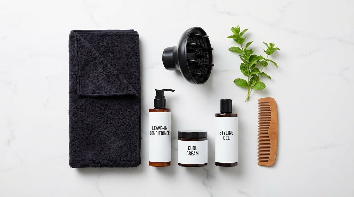 Flatlay of curly hair styling products for broccoli haircut: leave-in conditioner, curl cream,