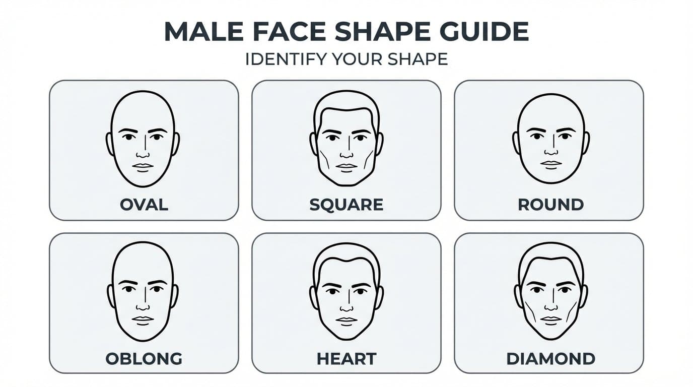 Educational face shape guide showing six male face shapes: oval, square, round, oblong, heart, and