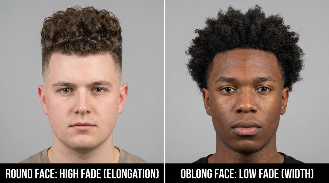 Split comparison showing broccoli haircut modifications for different face shapes: round face with