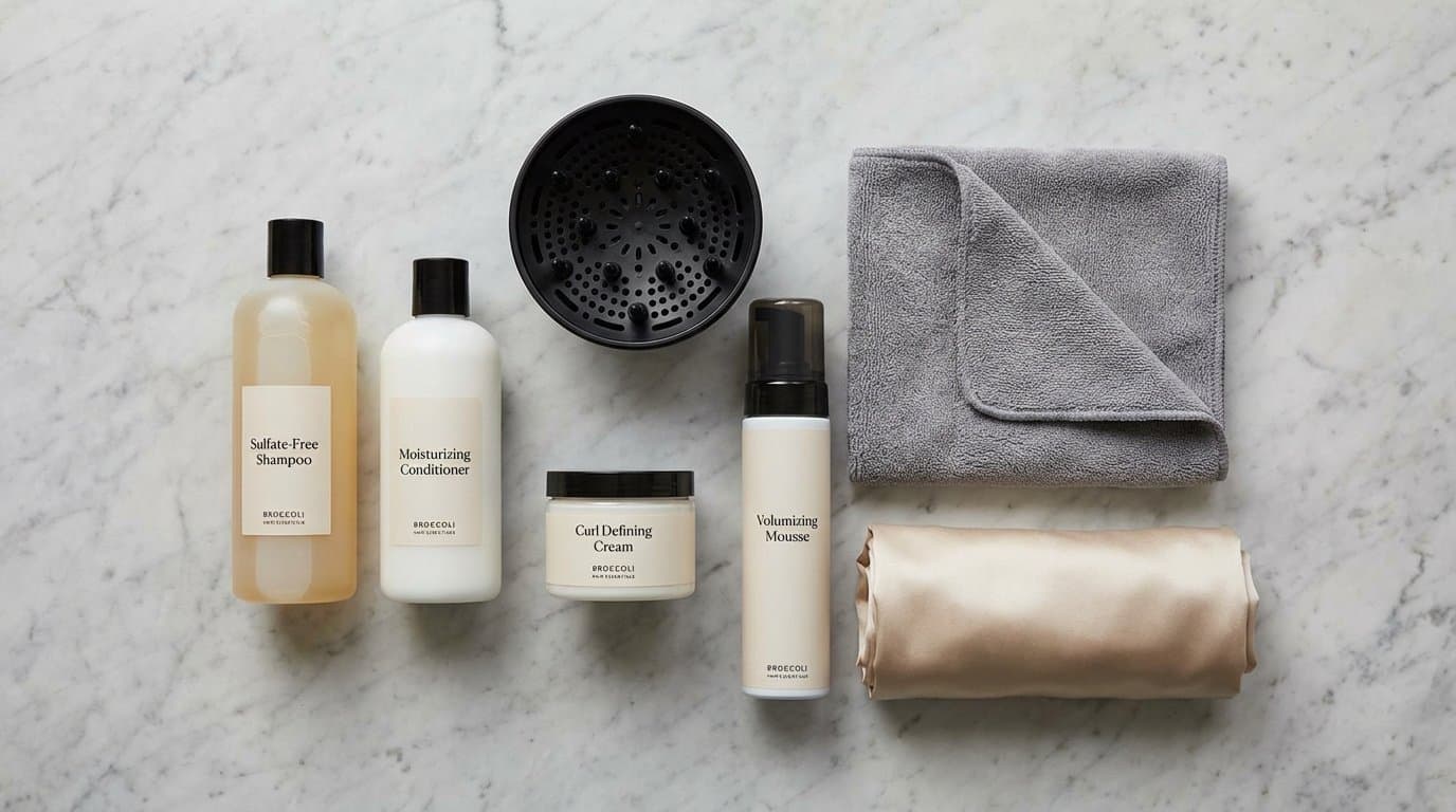 Flatlay of broccoli haircut maintenance essentials: sulfate-free shampoo, moisturizing
