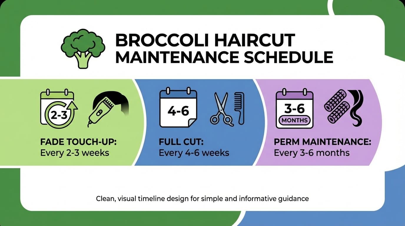 Calendar infographic showing broccoli haircut maintenance schedule: fade touch-up every 2-3 weeks,