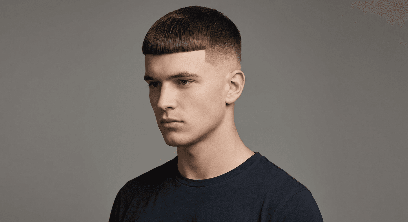 Edgar cut example showing straight blunt fringe with faded sides