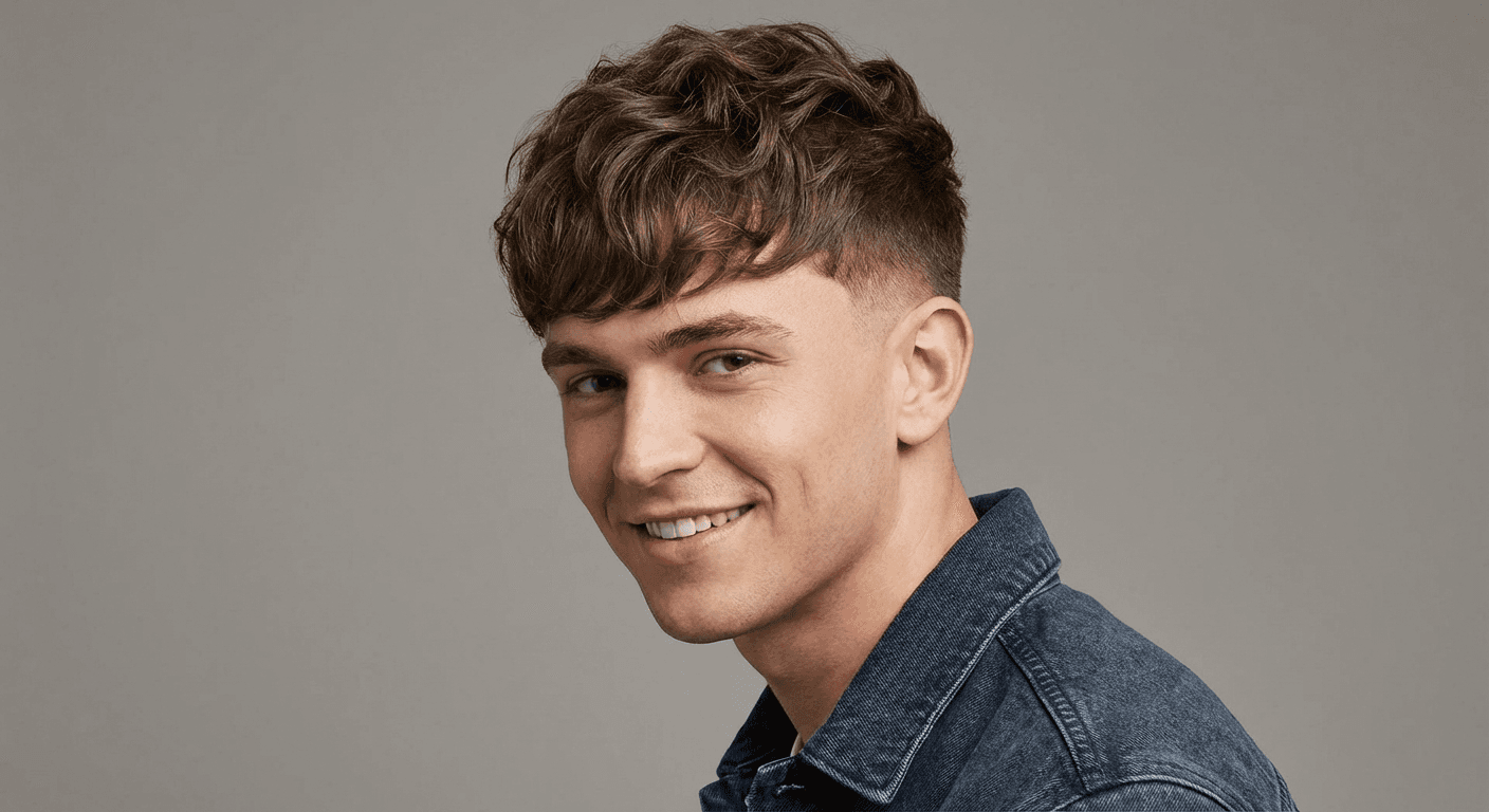 Fluffy Edgar hybrid hairstyle combining textured volume with a forward fringe