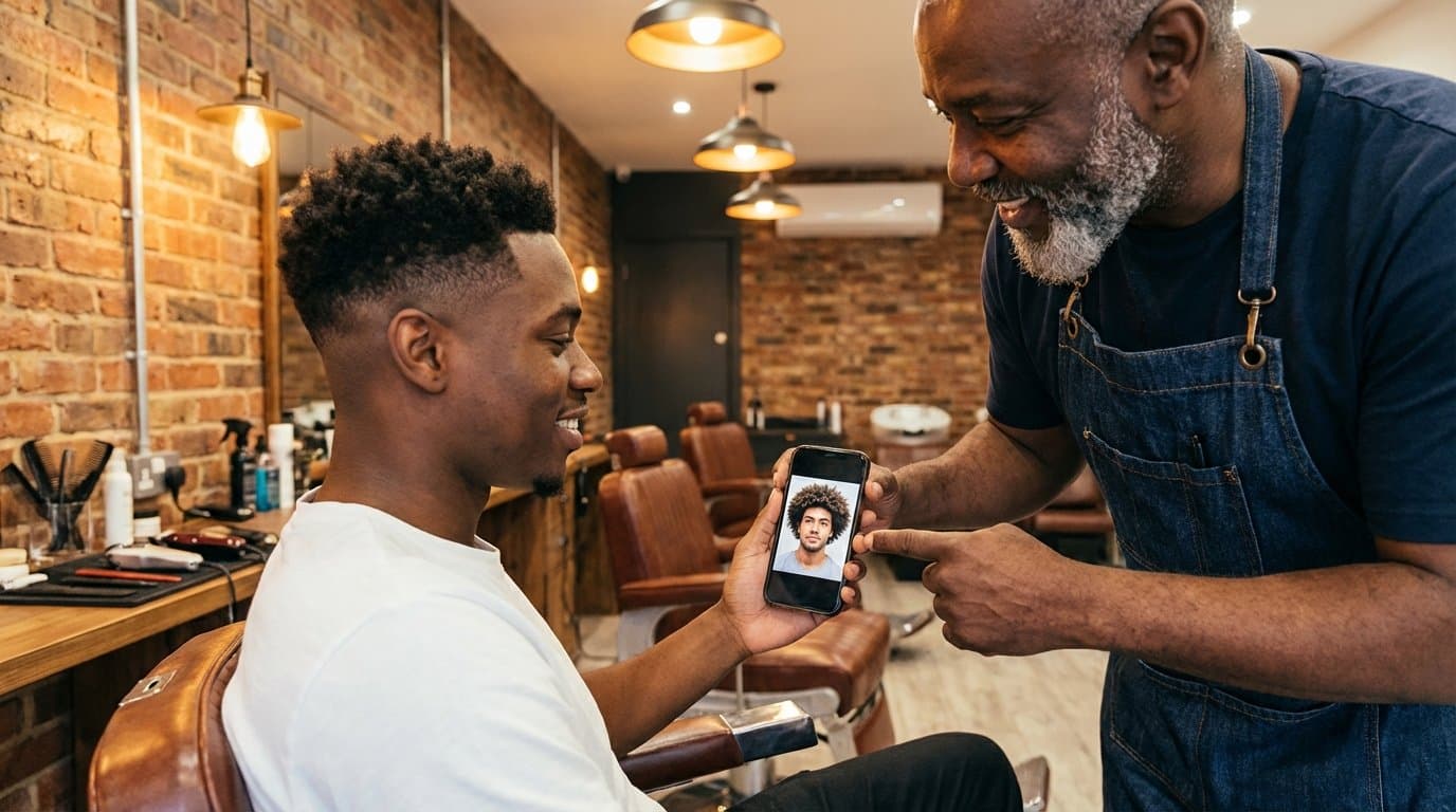 Professional barbershop consultation scene: young Black man showing reference photo on phone to