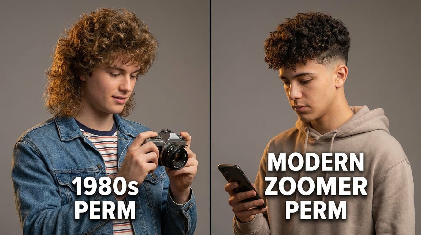 Side-by-side comparison of 1980s perm hairstyle vs modern zoomer perm, showing the evolution of permed hair from vintage big curls to contemporary tight textured top